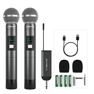 Immagine di Phenyx Pro Sistema microfonico digitale senza fili,con 2 microfoni dinamici palmari, mini ricevitore, 5 gruppi di frequenza UHF, in metallo per karaoke, canto,chiesa,matrimonio(PDP 2)