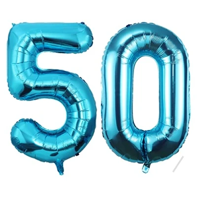 Immagine di Palloncini Compleanno 50 anni Blu 101 CM Palloncino Numero Gonfiabile in Foil Decorazioni di un uomo donna Vola con l&#039;Elio