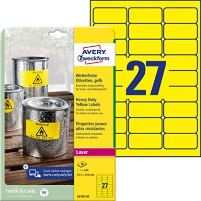 Immagine di Avery Zweckform etichette in poliestere giallo 63.5 x 29.6 mm stampanti Laser, Laser a colori, 27 per foglio, 20 fogli confezione