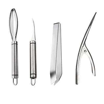 Immagine di LONGHAO 4 PCS Pinzette di Pesce per Gambero Deveiner Utensili Raschietto Coltello Gamberetti,Set Strumenti Frutti Mare in Acciaio Inossidabile Adatto Pesce/Gamberi