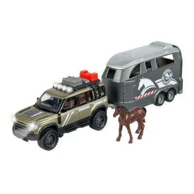 Immagine di Majorette Land Rover Defender con rimorchio per cavalli, 213776000, +3 anni, luci e suoni, pneumatici in gomma, parti apribili, scala 1:43