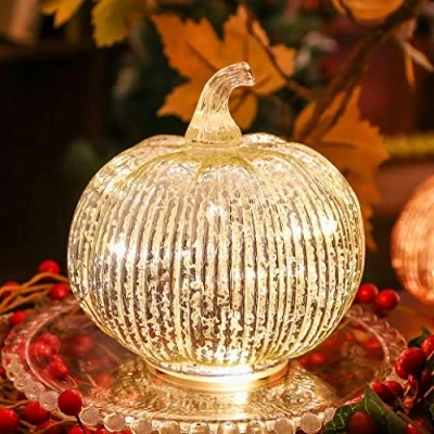 Immagine di hvfun zucca in vetro mercurio che si illumina con timer, decorazione autunnale per la casa, lampade decorazioni festive, a forma di Halloween (argento)