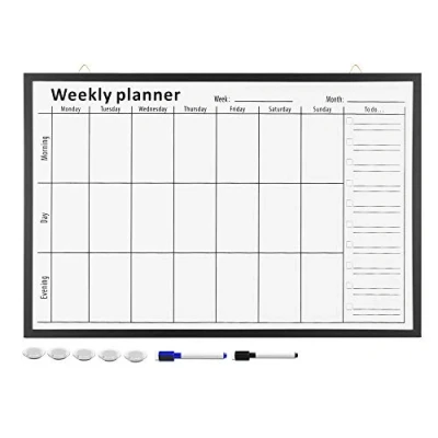 Immagine di Navaris Lavagna Magnetica Memo Board Lavagnetta Bianca 91 x 61 cm con 5 Magneti e 2 Pennarelli Bacheca Settimanale Scrivibile Whiteboard Week Organizer Cornice Nera