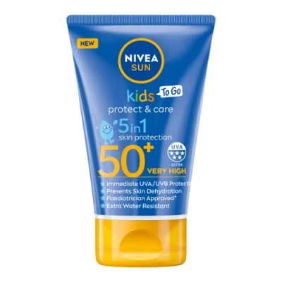 Immagine di NIVEA SUN Kids Protect and Care SPF 50+ To Go Lotion (50 ml), crema solare resistente all&#039;acqua, per bambini fornisce una protezione UVB altamente efficace e UVA a 5 stelle
