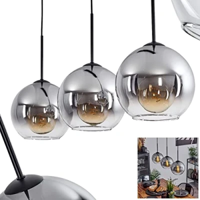 Immagine di lampada a sospensione Koyoto, in metallo/vetro nero/fumo/chiaro, 3 luci design vintage/retrò con paralumi vetro (Ø 20 cm), altezza massima 152,5cm, 3x E27, senza lampadina/e