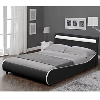 Immagine di Corium Struttura Letto Imbottito a Testiera Alta con Illuminazione LED e Telecomando Matrimoniale 2 Piazze 180x200 cm Bordi Curvi Rivestimento in Similpelle Nero