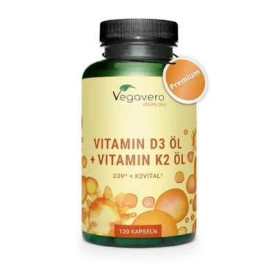 Immagine di Vitamina D3 K2 Vegavero® VEGAN Colecalciferolo e Menachinone ad Alta Biodisponibilità Integratore per Ossa, Denti, Muscoli Sistema Immunitario Testato in Laboratorio 120 capsule