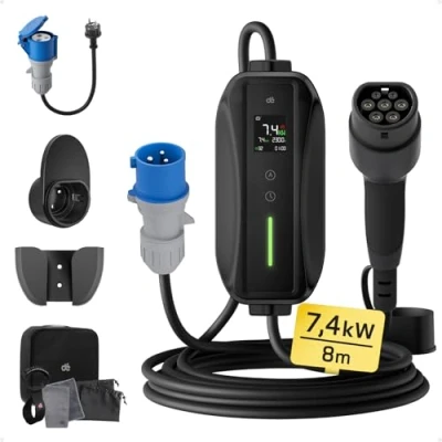 Immagine di dé Cavo Ricarica Auto Elettrica Tipo 2 CEE 7,4kW [Monofase 8m 6 32A] Caricatore con Adattatore Schuko, LCD Controllo Digitale Compatibile Model Y/3 e Altri EV/PHEV