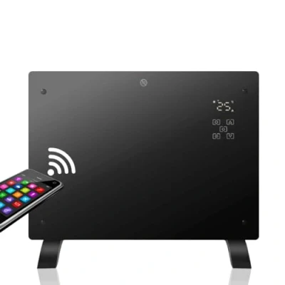 Immagine di Radiatore elettrico in vetro temperato, a basso consumo, calore istantaneo, Power Smart Heater, 1500 W, WIFI, termostato, timer, supporto per terra, protezione surriscaldamento, silenzioso, nero