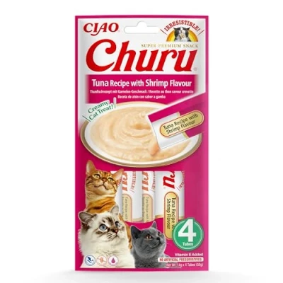 Immagine di INABA Churu Snack per Gatti Cremoso con Tonno al Gusto di Gamberetti 1 Pack (4 Stick x 14gr) Cibo da Leccare, Sano e Delizioso Gatto Senza Conservanti o Coloranti Artificiali