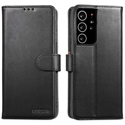Immagine di Lensun Cover per Samsung Galaxy S21 Ultra 5G, Custodia in Vera Pelle [Supporto Stand] Libro con Portafoglio Chiusura Magnetico Flip Custodie Cuoio Telefono 5G Nero