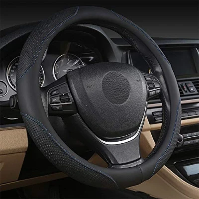 Immagine di coofig Coprivolante per Auto, in Pelle PU Microfibra Universale 15 Pollici,Resistente,Adatto Camion, SUV,Traspirante, Antiscivolo, Uomini e Donne (Nero blu 4)