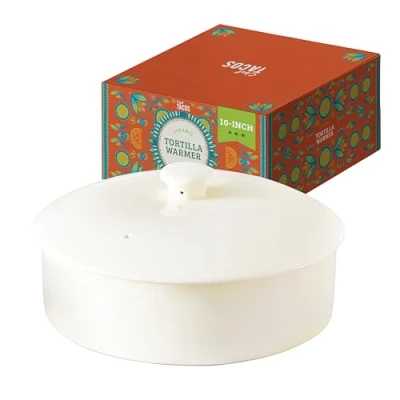 Immagine di Chef Tacos Porta Piadine e Tortillas Messicane in Ceramica (25 cm), Tortillera con Coperchio Adatta al Forno a Microonde, Mantiene Calde Tortilla, Piadine, Pancake Crepes (Bianco)
