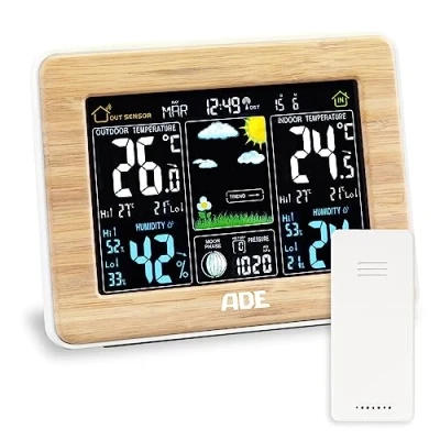 Immagine di ADE Stazione Meteorologica Digitale con Sensore Esterno Wireless Termometro Ambiente Interno Igrometro Umidità Barometro Sveglia Display a LED illuminato bambù