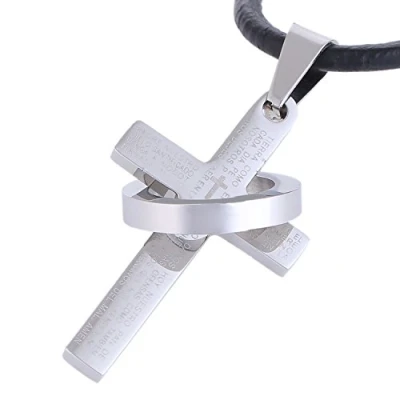 Immagine di DonDon Collana Uomo in Pelle con Ciondolo a Forma di Croce Acciaio Inox Argento Sacchetto Velluto