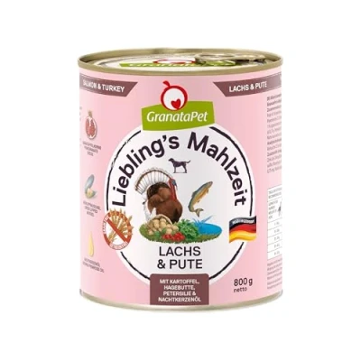 Immagine di GranataPet Liebling’s Mahlzeit salmone e carne di tacchino,cibo umido per cani, scatolette senza cereali zuccheri aggiunti, alimento completo, 6 x 800 g