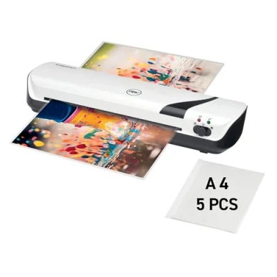 Immagine di GBC Inspire+ Plastificatrice A4 con Tempo di Riscaldamento 4 Minuti e Leva Rilascio Anti Inceppamento, Include una Confezione da 5 Pouch, Plastificazione a Caldo Freddo Bianco (4410031)