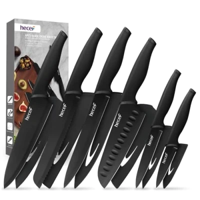 Immagine di hecef 6 Pezzi Coltelli da Cucina Professionali, Nero Acciaio Inox Set con Manico Ergonomico, Affilata per affettare, Tagliare e Sminuzzare