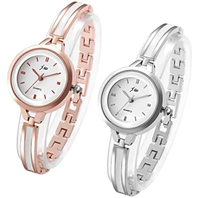 Immagine di JewelryWe Orologio da donna elegante, analogico, al quarzo, donna, piccolo, semplice, casual, con cinturino in metallo, oro rosa/argento, 2 pezzi (oro rosa + argento), Elegante