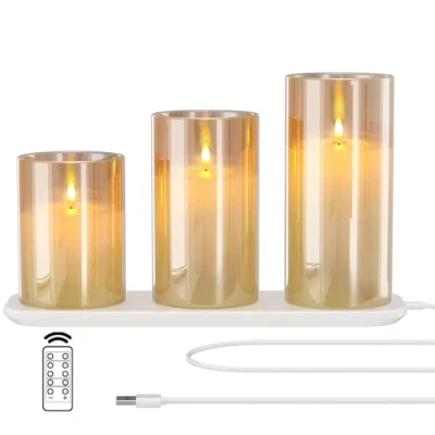 Immagine di EXTSUD candele a LED senza fiamma tremolanti con stazione di ricarica e telecomando, set 3 in vetro ricaricabili, funzione timer, romantiche, decorazione per soggiorno,Giallo