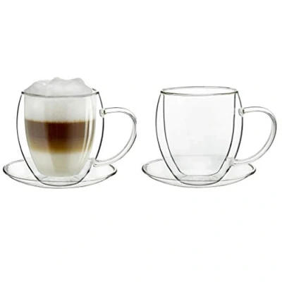 Immagine di Creano Set di 2 Tazze Termica extra Large in Vetro a Doppia Parete, Tazza con Manico XXL e Sottobicchiere 400ml Esclusiva Confezione Regalo