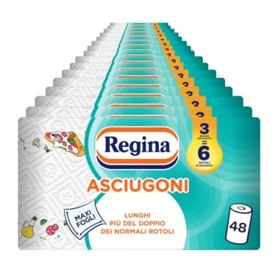 Immagine di Regina Asciugoni, 48 Rotoli di Carta Cucina, a 2 Veli, 100 Maxi Fogli per Rotolo, Confezione 60% in Plastica Riciclata, 100% Certificata FSC