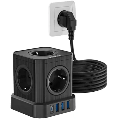 Immagine di VOOMY Ciabatta Multipresa con USB 9 in 1, 5 Prese Schuko, 3 Porte A e 1 C 20W Ricarica Rapida, Protezione Sovratensione, 4000W/16A, Interruttore On/Off, Cavo Lungo Metri, Colore Nero