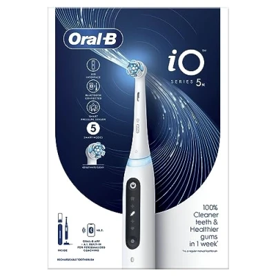 Immagine di Oral B Spazzolino Elettrico Ricaricabile iO 5N, Sensore di Pressione, Intelligenza Artificiale, 5 Modalità Spazzolamento, 1 Testina, Spazzolino, Custodia da Viaggio, Bianco, Idea Regalo