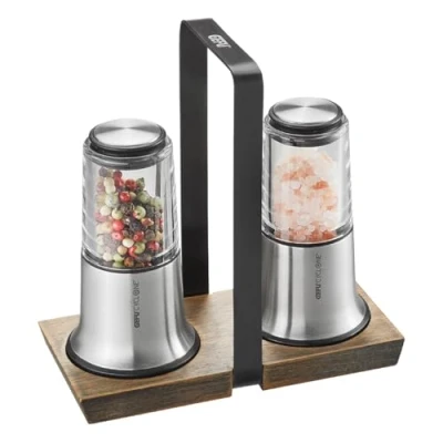 Immagine di GEFU set di macinasale e pepe X PLOSION, 2 macinini con macinino in ceramica, sottobicchieri legno, nero/argento