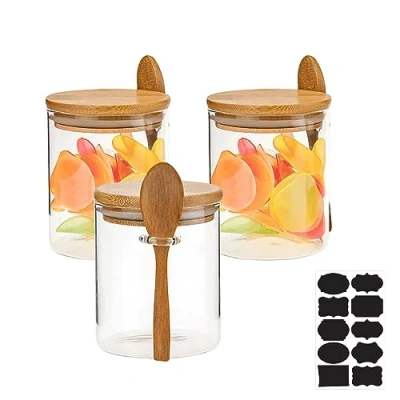 Immagine di MEGYAD 3 contenitori in vetro con coperchio: barattoli coperchio e cucchiaio, coperchio, contenitore da 530 ml, ermetici, per spezie, caffè, zucchero,