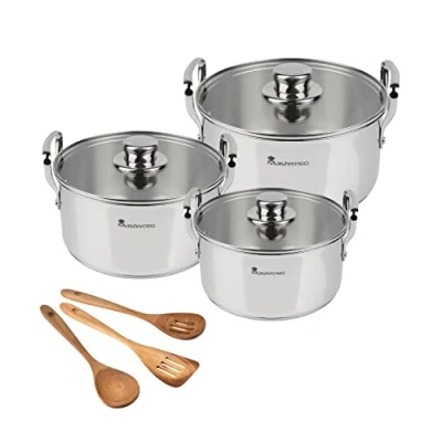 Immagine di MasterPro Smart Kit di Cucina Batteria da 6 Pezzi e 3 Utensili Pentole in Acciaio Inox Set 11,7 L, 6,5 L 3,1 Per Tutti i Piani Cottura