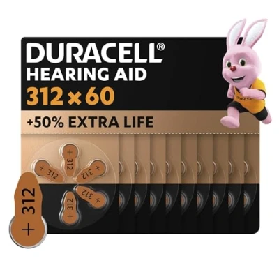 Immagine di Batterie DURACELL per Apparecchi Acustici 312 Confezione da 60 Pile Zinco Aria di Lunga Durata, Ideali Udito Affidabile e Continuo