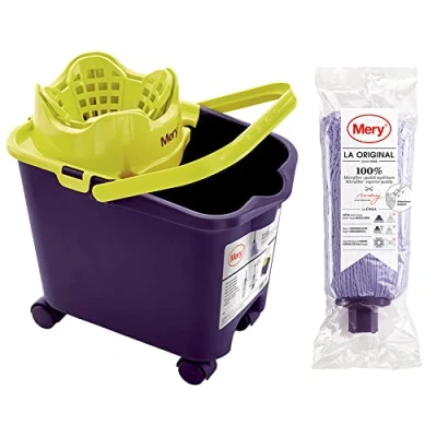 Immagine di Mery Set cubo e mocio in microfibra Benna scolapiatti automatica ruote a 360º Extra Large Mop Head Absorbent Non lascia Ratro Viola 14L Dimensioni :38,2 x 25,5 39,5 cm