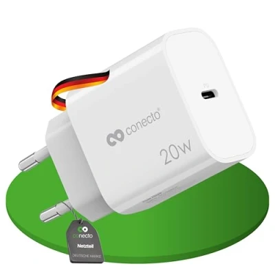 Immagine di caricatore USB C conecto, alimentatore USB, 1 porta, 1x 20 Watt Max. PD, rapido, per telefoni cellulari, rilevamento automatico della corrente di carica, bianco