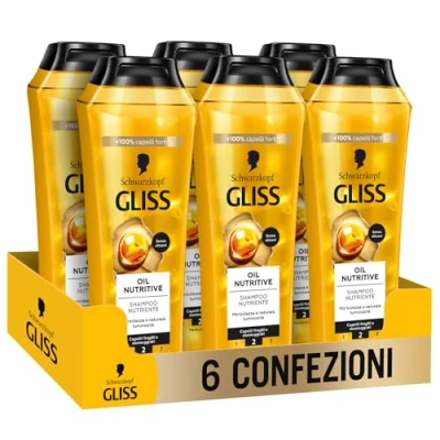 Immagine di Schwarzkopf Gliss Oil Nutritive Shampoo Nutriente, 6 confezioni da 250ml, nutriente arricchito con Omega 9 e Olio di Marula, Prodotti per capelli fragili danneggiati