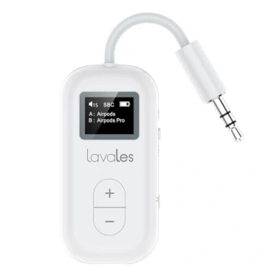 Immagine di Lavales SafeFly Dual Trasmettitore Bluetooth 5.3 da Aereo Per 2 AirPods o Cuffie, AptX Low Latency, Adattatore Wireless Audio 3,5 Mm AUX Aeroplani, TV, Palestra, Tablet