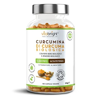 Immagine di Curcuma Capsule x180, 1440 mg Integratore Zenzero Pepe Nero (Curcuma in Polvere), Bio, E Piperina Plus Zenzero, Curcumina Piperina, VitaBright Turmeric Pura