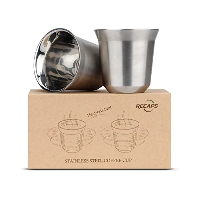 Immagine di RECAPS Set di tazze da caffè espresso in acciaio inossidabile 80 ml Confezione 2 Demitasse 304 a doppia parete 2,7 once