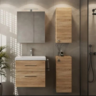 Immagine di Planetmöbel set da bagno completo di mobiletto 63 cm, con lavabo, armadietto a specchio e 2 armadietti midi in rovere Sonoma, per bagno, 5 pezzi