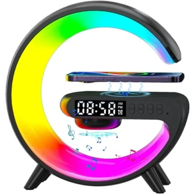 Immagine di altoparlante con luci di ricarica wireless LED a forma G Cambia colore timer sveglia caricatore supporto comodino lampada musicale per scrivania