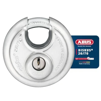 Immagine di ABUS Lucchetto Discus 26/70 resistente agli agenti atmosferici con cilindro protetto da trapano e trazione livello di sicurezza 8 argento