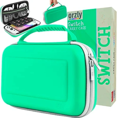 Immagine di Orzly Custodia per Nintendo Switch/Switch OLED Animal Crossing a tema Switch case con accessori e spazio schede videogiochi protettiva da viaggio (verde/bianco)