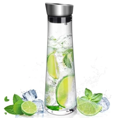 Immagine di Hisdricus Brocca acqua vetro, caraffa per acqua, 1 litro, in vetro con coperchio, ideale tè freddo, calda e fredda, latte, caffè vino