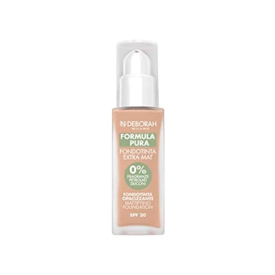 Immagine di Deborah Milano Fondotinta Formula Pura Extra Mat SPF 20 con Ingredienti Naturali, 04 Apricot, Effetto Opacizzante e Anti lucidità Seboregolatore, Dona una Pelle Levigata Matte, 30 ml