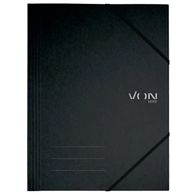Immagine di VON Leitz 30080095 Confezione da 5 cartelle A4 con chiusura elastica, cartone flessibile, per 150 fogli, stampa argento, cartella leggera, scuola e casa, colore: nero