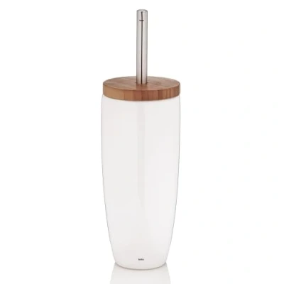 Immagine di Kela 20960 Portascopino per WC in Ceramica, scopino con Manico Acciaio Inox, Coperchio bambù, Colore: Bianco