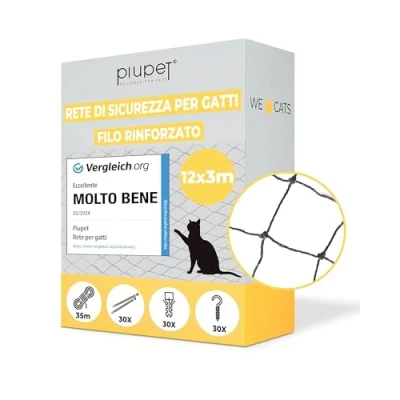 Immagine di PiuPet® Rete per Gatti I Rinforzata 12x3m incl. Corda di Fissaggio Balcone Esterno e Finestra