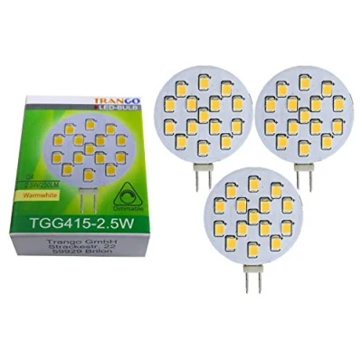 Immagine di Trango Set di 3 lampadine LED G415 2,5/3 attacco G4 per sostituzione alogene MR16 12 volt AC/DC 2,5 watt 250 lumen 3000K bianco caldo, faretti da incasso, luci plafoniere