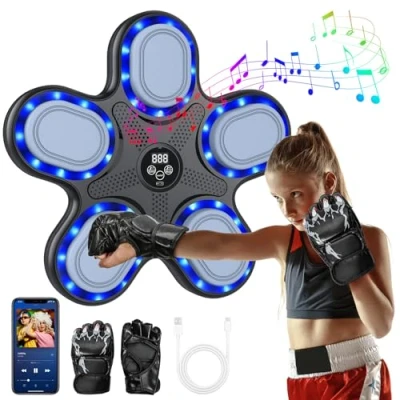 Immagine di Music Boxing Machine, LED Macchina da Boxe Musicale con Guanti, 9 velocità/modalità di Allenamento, Conteggio Intelligente, modalità Bluetooth, Elettronico Parete per Bambini (Nero)