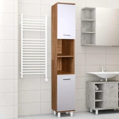 Immagine di Shally Dogan Mobile a Colonna Alto Salvaspazio 2 Ante, Armadietto Stretto Autoportante con 4 Piedini, Scaffalatura Portaoggetti Multiuso, Soggiorno, Bagno, Cucina, Libreria, Ufficio (Bianco + Quercia)
